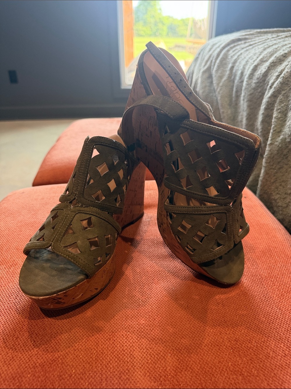 Franco Sarto Olive Lattice Suede Platform Wedge Sandals